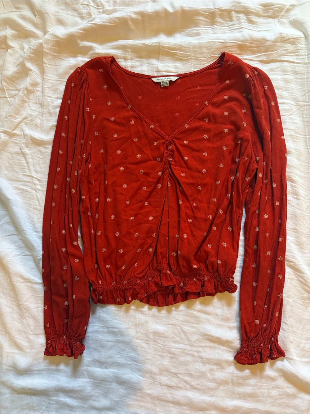 American Eagle Outfitters Rust Red Long Sleeve Gathered-Front Top with Dot Print